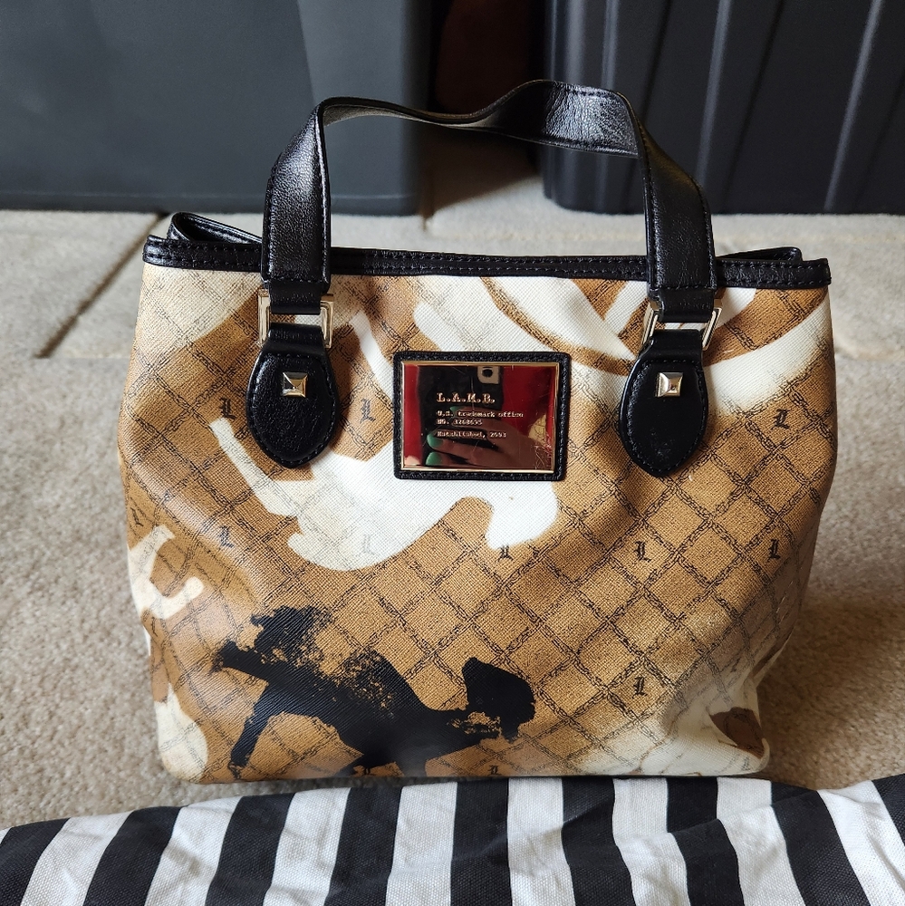 L.A.M.B Gorgeous Tan and Black Tote Handbag